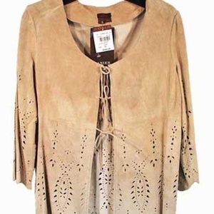 SHIRT, SUEDE CUT-WORK, MISSES X-SMALL, WHEAT COLOUR, DANIER LEATHER, BELL SLEEVE